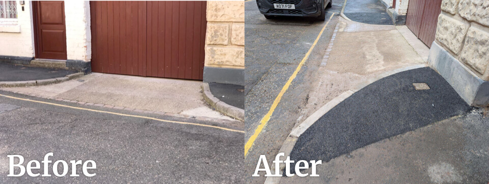 Before and after comparison of a vehicle bay in Birmingham showing the addition of a dropped kerb to improve accessibility.