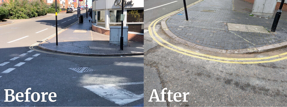 Before and after comparison of a street corner in Birmingham, showing the installation of a dropped kerb for better accessibility.