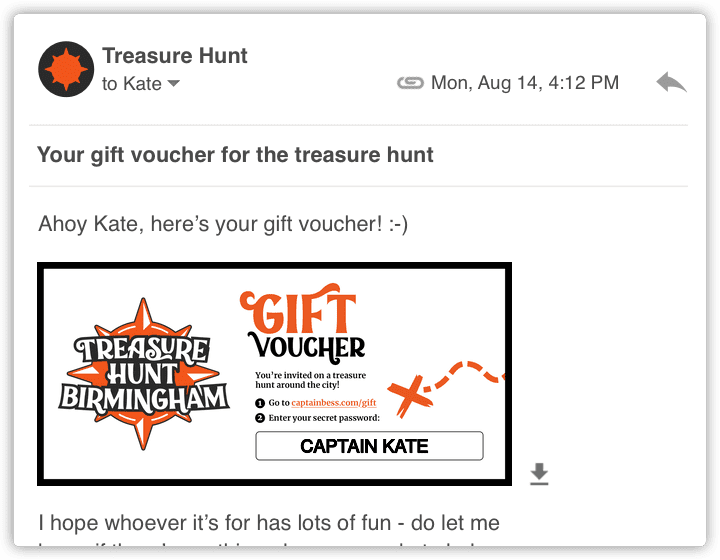 A screenshot of an email containing a digital gift voucher for Treasure Hunt Birmingham.