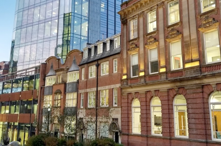 Buildings in the city centre at dusk