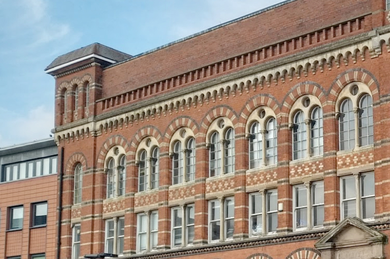 The multicoloured bricks of The Argent Centre in the Jewellery Quarter